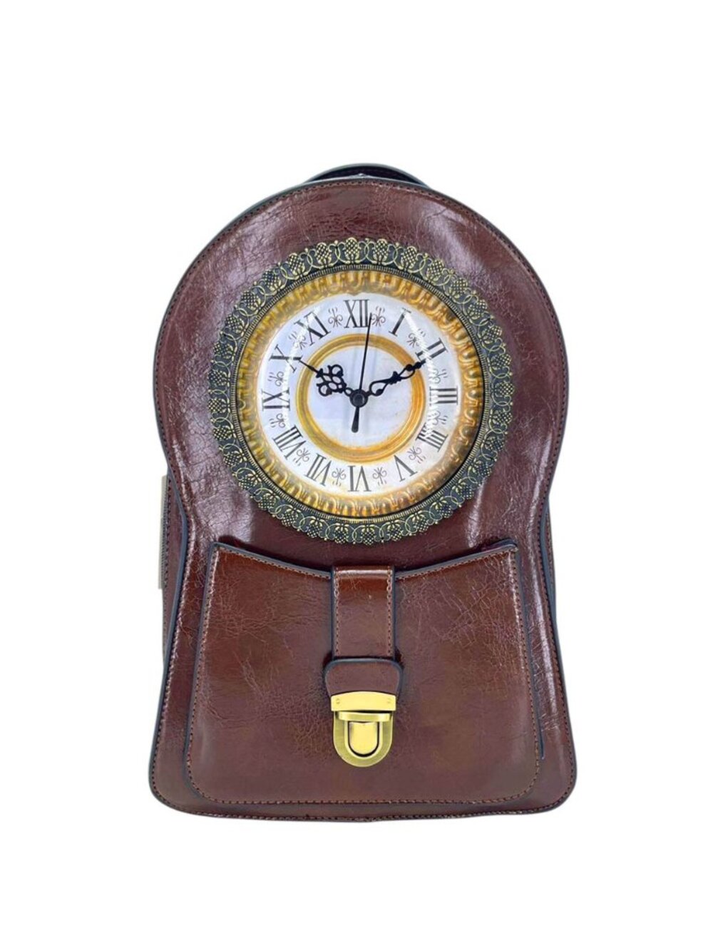 Tigerstars Vintage Brown Faux Leather Clock Face Crossbody Backpack Bag